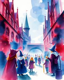 This delicate watercolor painting depicts a magical school teeming with young wizards, rendered in a sophisticated and elegan