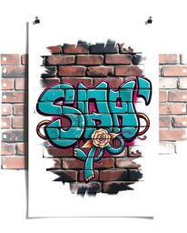 This stunning artwork combines traditional tattoo elements with a street art aesthetic, showcasing vibrant graffiti on a text