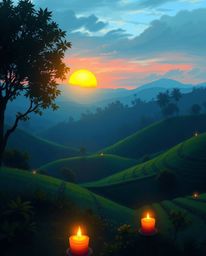 A digital painting depicting a sunset over terraced tea plantations. The artwork features a striking contrast of cool blues, 
