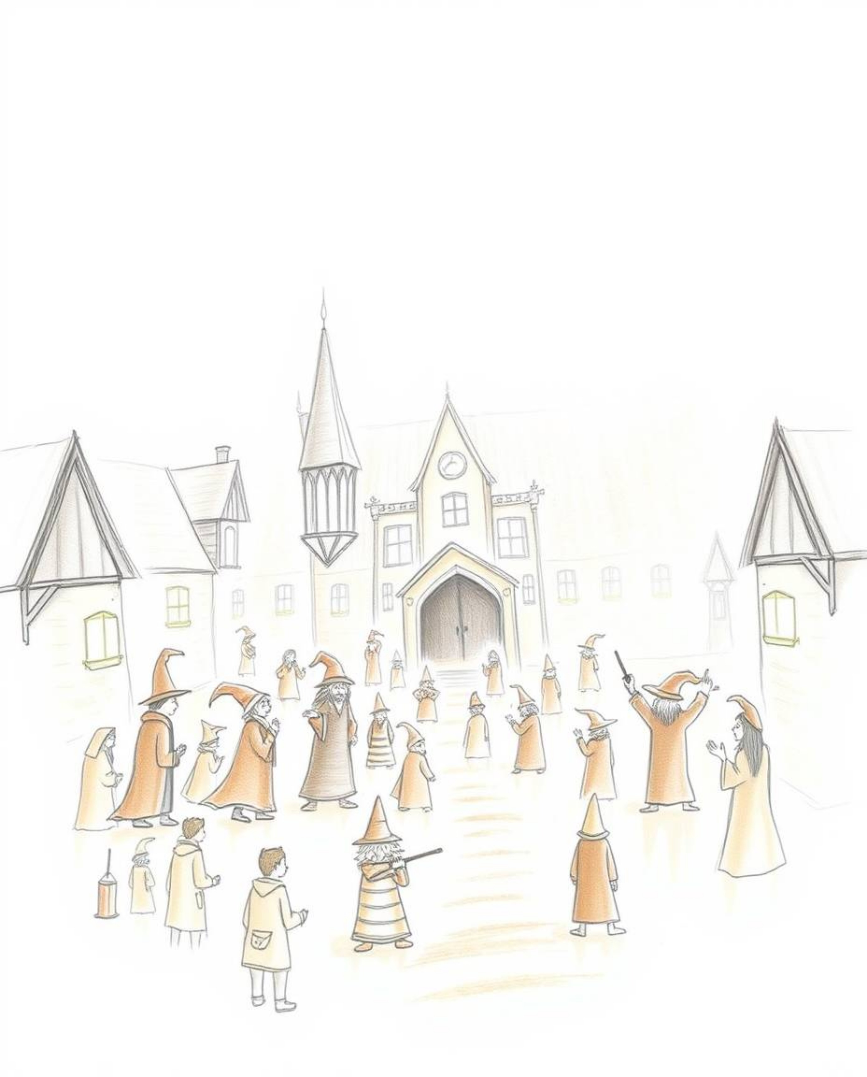 A hand-drawn sketch depicts a magical school shrouded in thick fog, rendered with natural earth tones of browns and beiges in