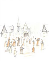 A hand-drawn sketch depicts a magical school shrouded in thick fog, rendered with natural earth tones of browns and beiges in