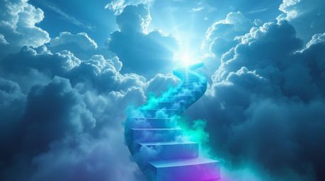 An epic scene showcasing a winding stairway of smoke and light ascends into a vast, cloudy sky, bathed in cool, epic lens glo