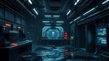 Explore a futuristic, sci-fi style rendering of a slime-covered science lab rendered in intense jet black, featuring deep sha