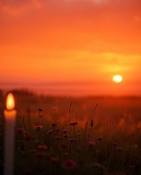 A soft and dreamy scene of a sunset over a spring wildflower meadow, bathed in hazy, soft light. The atmosphere is made even 