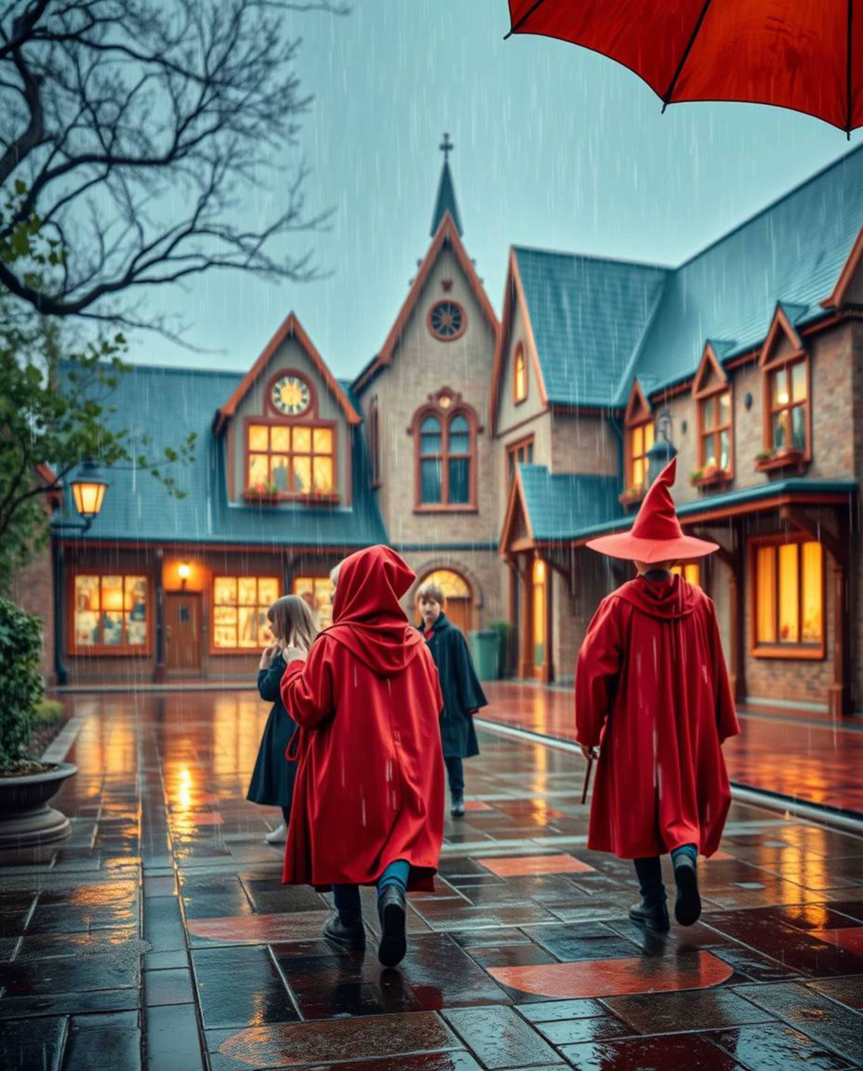 Immerse yourself in a captivating wet and rainy scene, where a magical school brimming with young wizards stands bathed in vi
