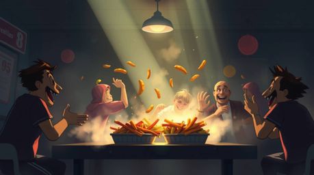 A moody digital painting depicts a chaotic cartoon cafeteria food fight.  Volumetric lighting and visible light beams pierce 
