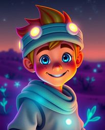 Embark on a vibrant desert adventure with a brave, Disney-style hero surrounded by glowing, bioluminescent flora. This artwor