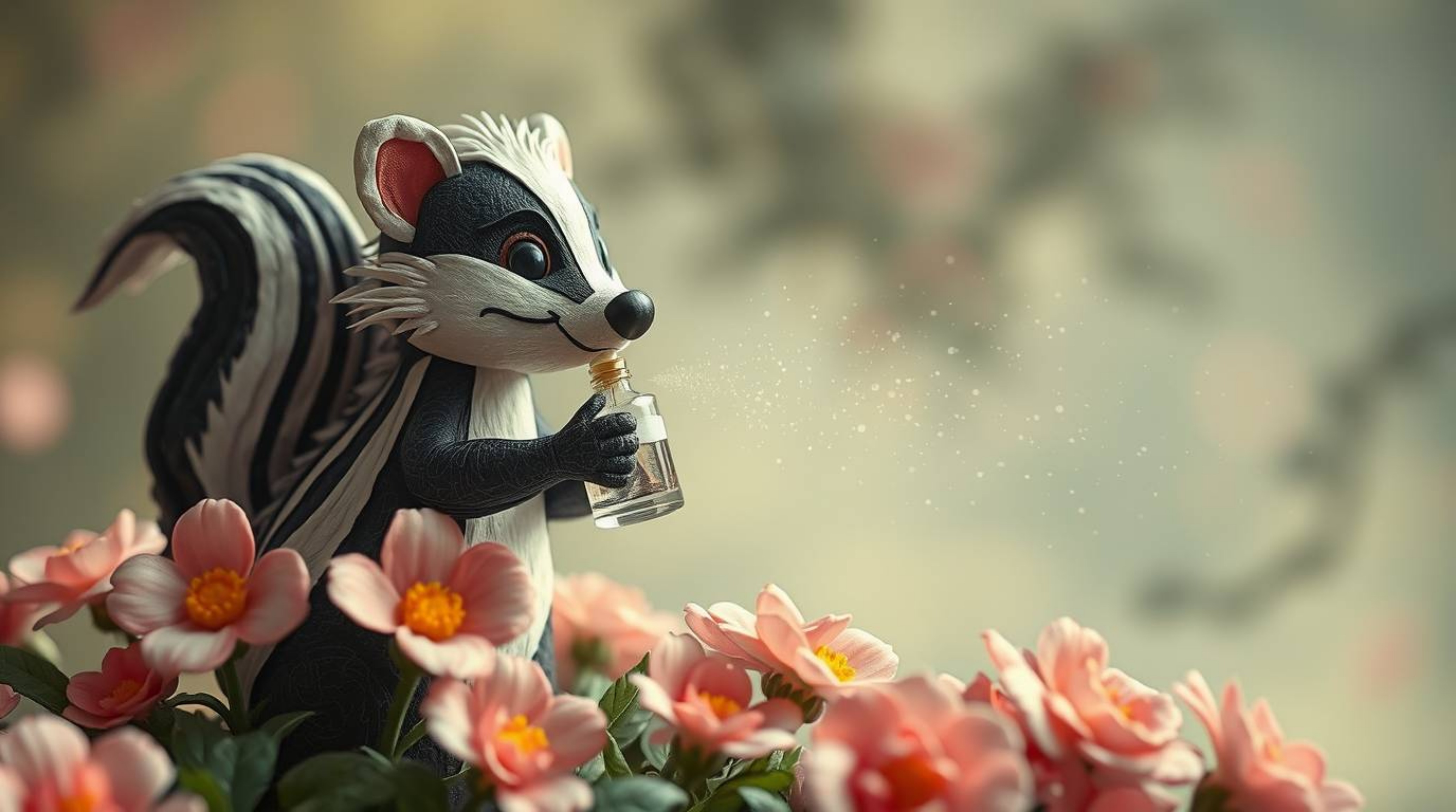 This artwork features a layered papier-mâché cartoon skunk playfully spraying perfume on flowers, creating a whimsical and ch