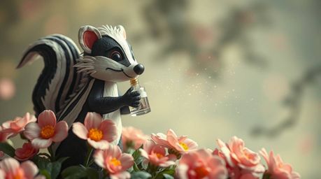 This artwork features a layered papier-mâché cartoon skunk playfully spraying perfume on flowers, creating a whimsical and ch