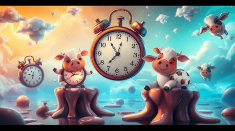 Explore a captivating surreal dreamscape filled with adorable melting clocks and floating cows, rendered with charming featur