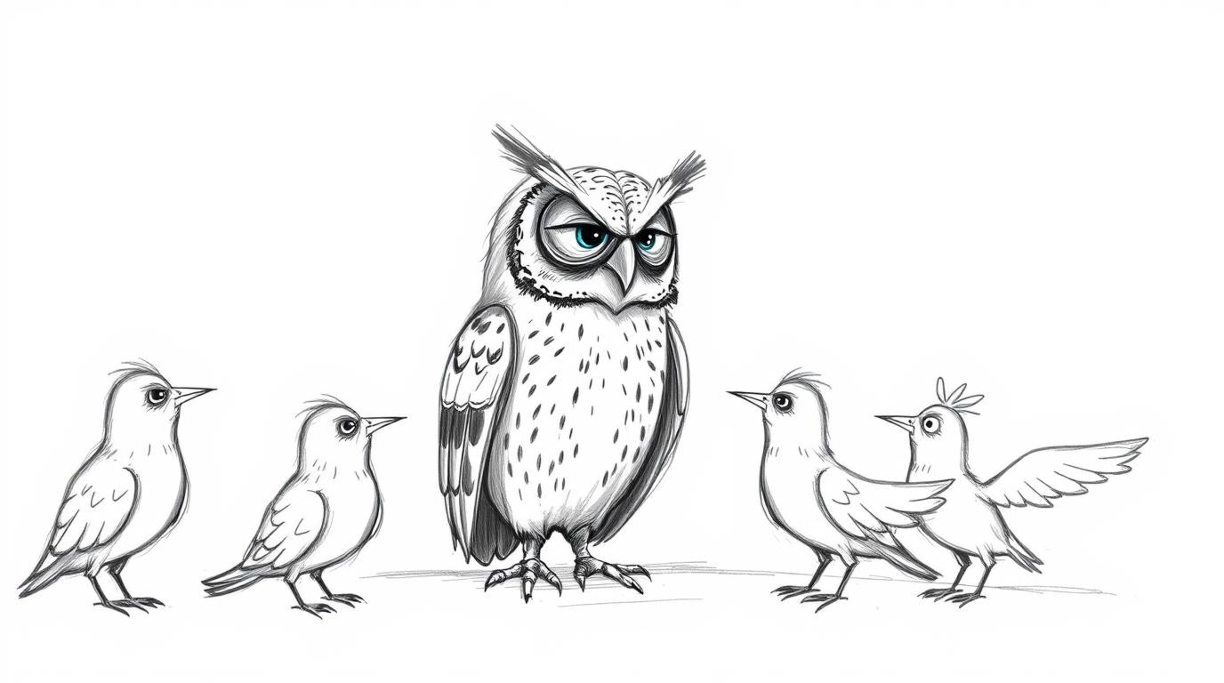 A captivating image featuring a blind owl in Pixar style, meticulously rendered with detailed wrinkles, teaching birds how to
