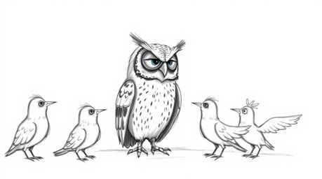 A captivating image featuring a blind owl in Pixar style, meticulously rendered with detailed wrinkles, teaching birds how to