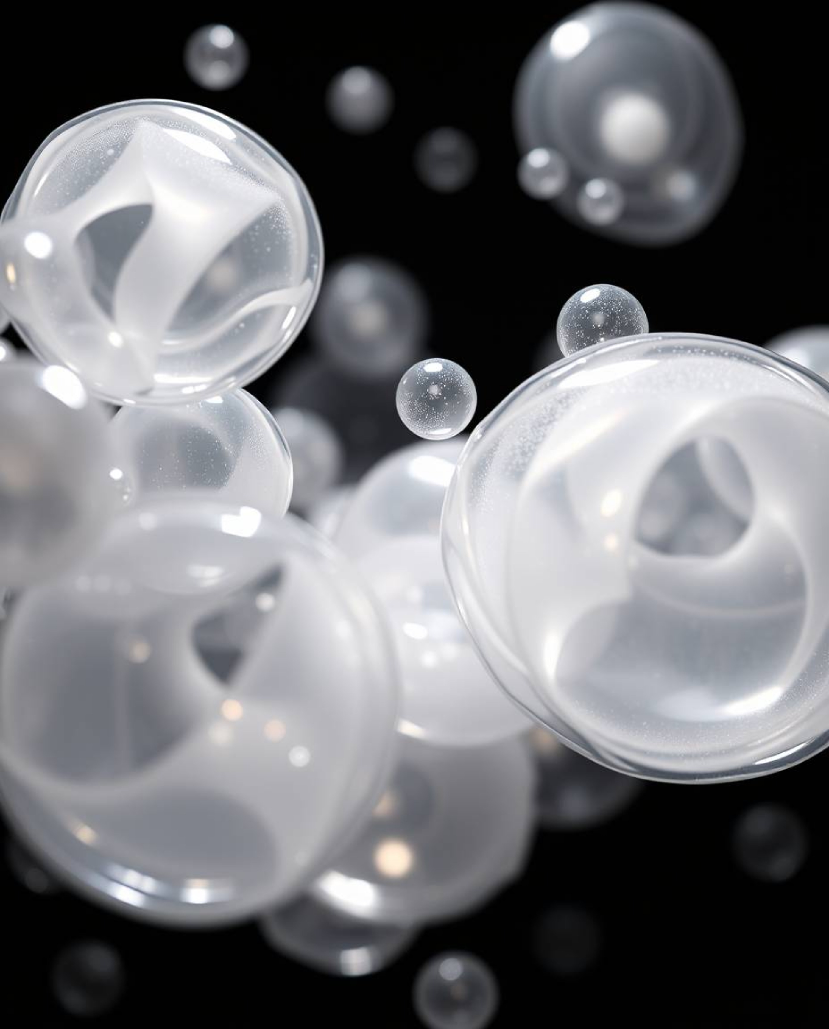 Explore a captivating close-up 3D render featuring translucent, fluid organic blobs gently floating in the vastness of space.