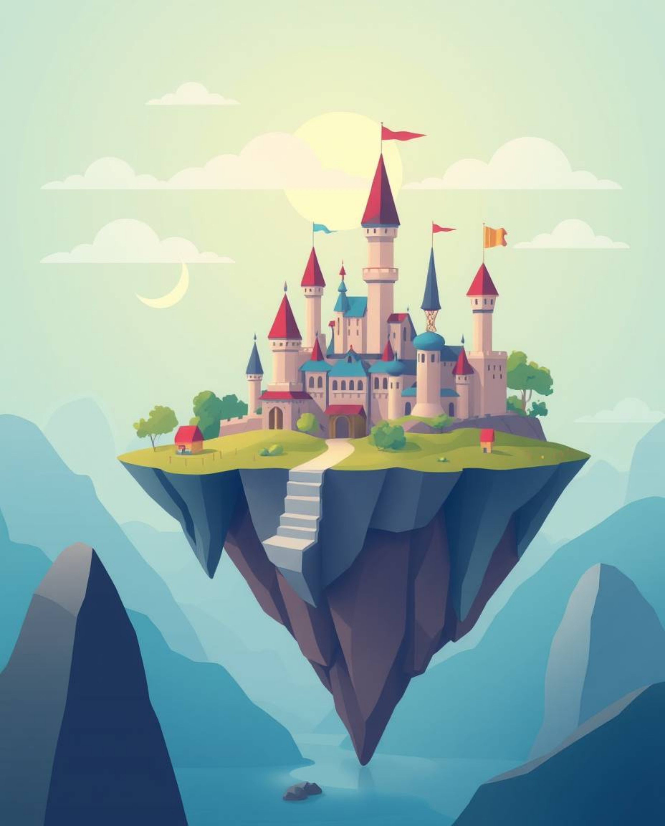 Explore a whimsical realm with this modern flat design illustration of a colorful kingdom featuring floating islands and maje