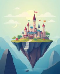 Explore a whimsical realm with this modern flat design illustration of a colorful kingdom featuring floating islands and maje