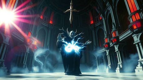 A grand epic scene unfolds showcasing a classic Disney villain casting a powerful spell within a futuristic castle. The visu