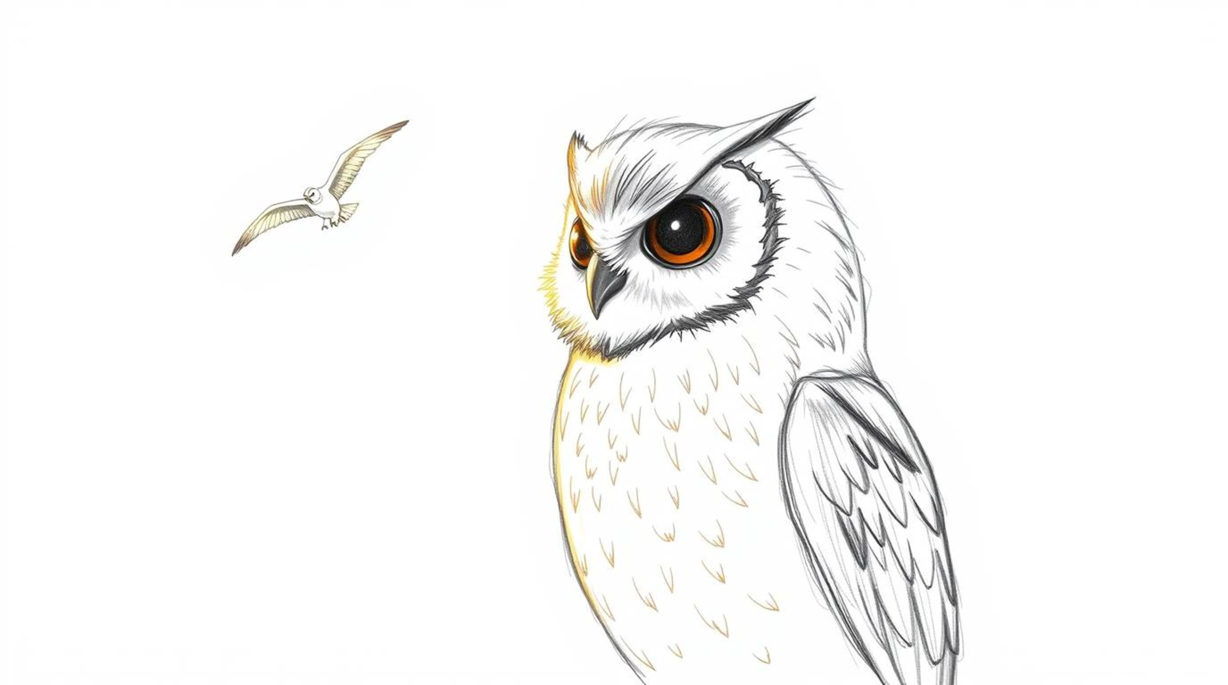 A heartwarming hand-drawn sketch in the style of Pixar depicts a blind owl with glowing feathers bathed in a sunbeam, gently 