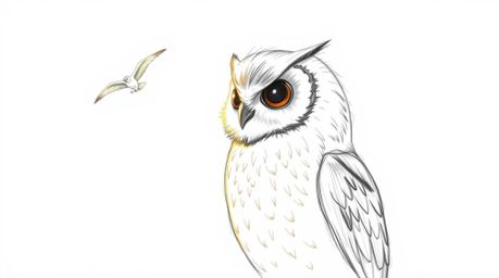 A heartwarming hand-drawn sketch in the style of Pixar depicts a blind owl with glowing feathers bathed in a sunbeam, gently 