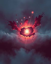 An elegant and sophisticated illustration showcases colliding galaxies engulfed in a vibrant cosmic explosion.  The artwork i
