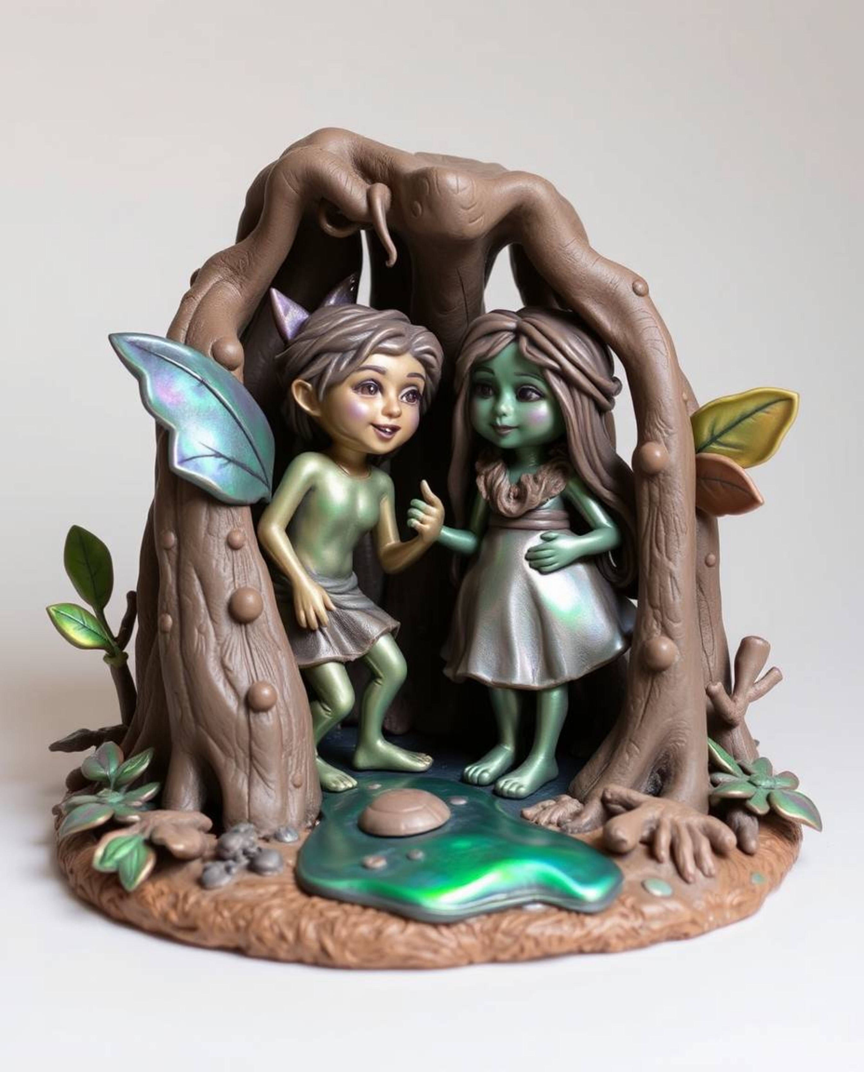 Discover stunning sculptural clay art depicting a group of friends with unique powers exploring a vibrant forest.  The piece 