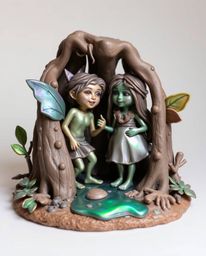 Discover stunning sculptural clay art depicting a group of friends with unique powers exploring a vibrant forest.  The piece 