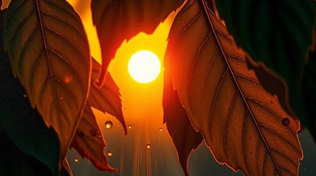 A stunning classic oil painting captures a tight close-up of leaves glistening with raindrops, bathed in the warm glow of a s