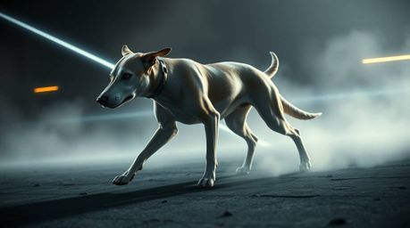 A graceful, futuristic canine with refined features autonomously traverses a breathtaking space scene.  Rendered in a futuris