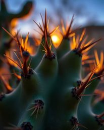 An extreme macro close-up captures a desert cactus glowing in the last rays of the sun. This incredibly detailed shot showcas
