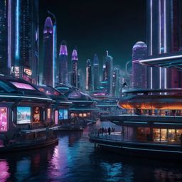 Imagine a breathtaking futuristic city bathed in neon light, where floating platforms connect transportation hubs and hologra
