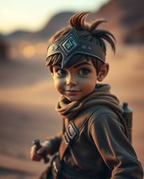 A captivating fine art photograph depicts a brave, Disney-esque hero embarking on a desert adventure.  The image showcases wa