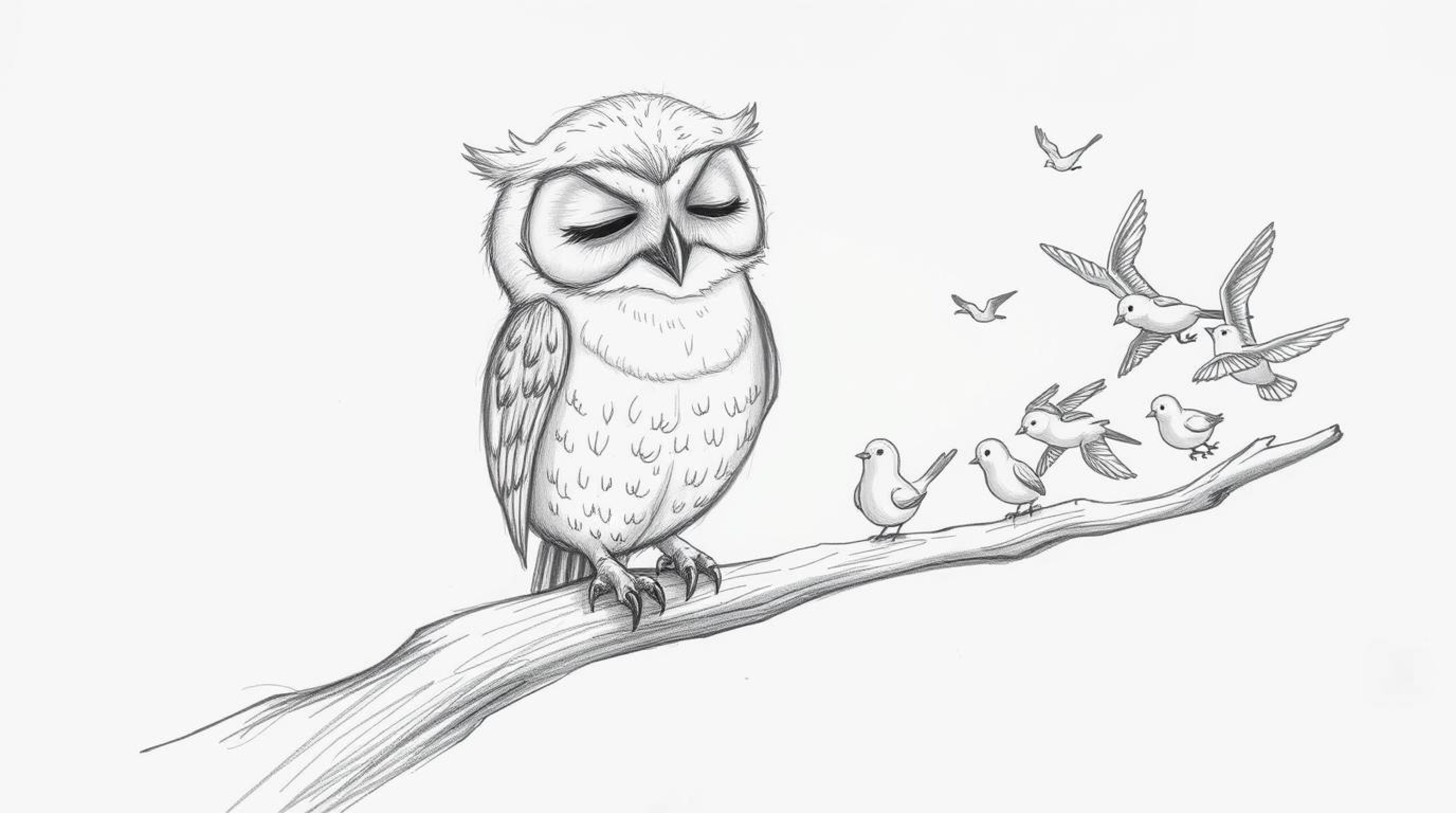 A heartwarming hand-drawn sketch in the style of Pixar portrays a blind owl with incredibly soft, downy feathers, selflessly 