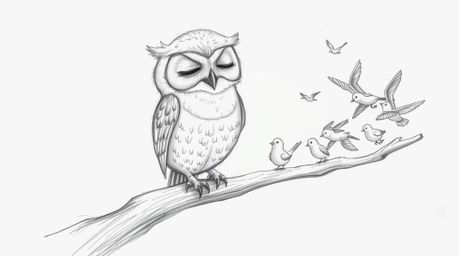 A heartwarming hand-drawn sketch in the style of Pixar portrays a blind owl with incredibly soft, downy feathers, selflessly 