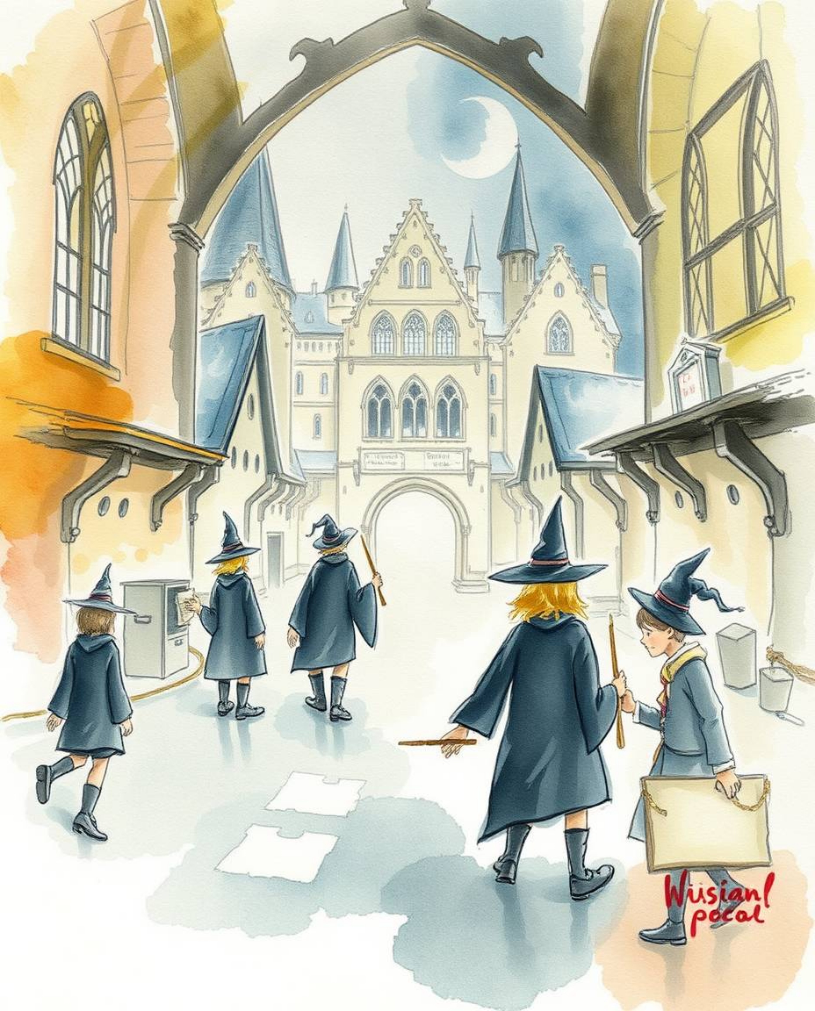 A delicate watercolor painting depicting a magical school brimming with young wizards, rendered with translucent washes and f