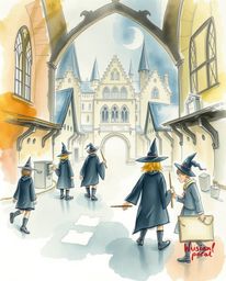 A delicate watercolor painting depicting a magical school brimming with young wizards, rendered with translucent washes and f