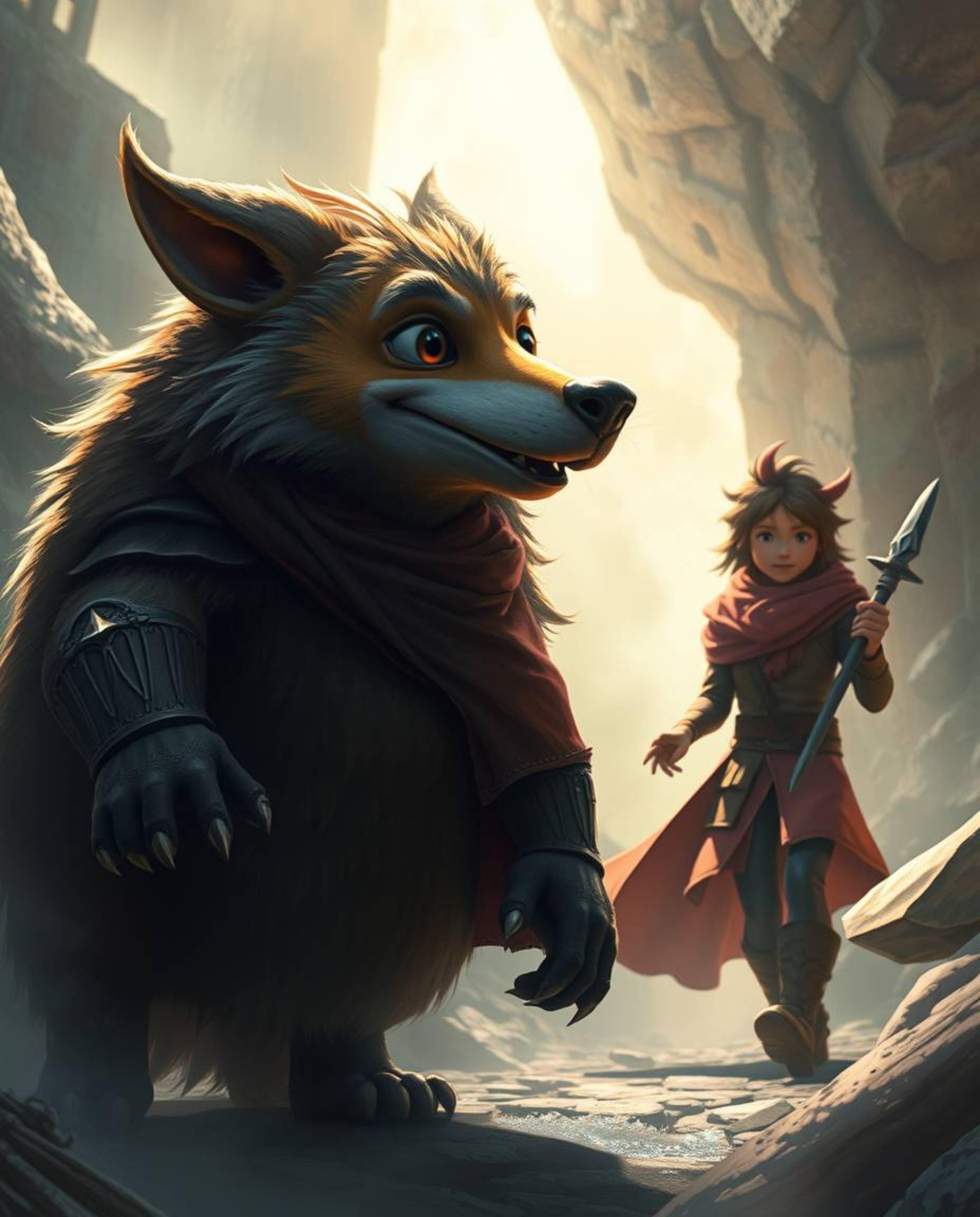 Explore a captivating digital painting depicting a cinematic scene where a talking animal sidekick aids a hero on an epic jou