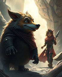 Explore a captivating digital painting depicting a cinematic scene where a talking animal sidekick aids a hero on an epic jou