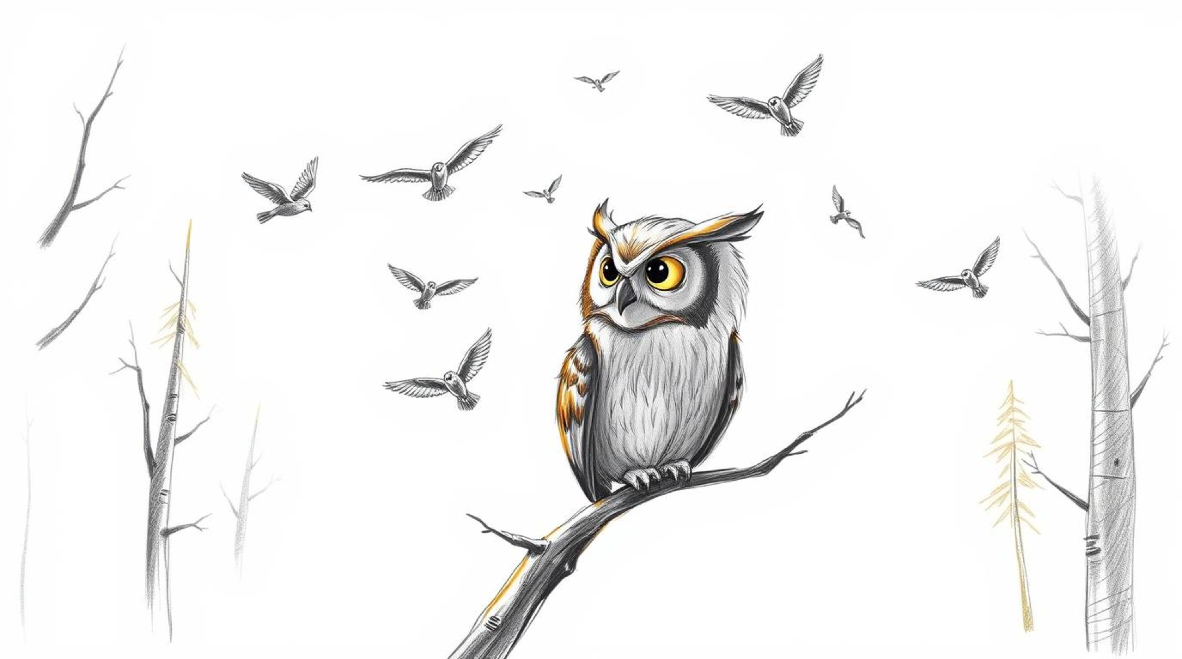 A captivating hand-drawn sketch in the style of Pixar, depicting a blind owl with gentle, expressive eyes patiently guiding b