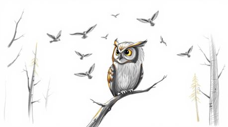 A captivating hand-drawn sketch in the style of Pixar, depicting a blind owl with gentle, expressive eyes patiently guiding b