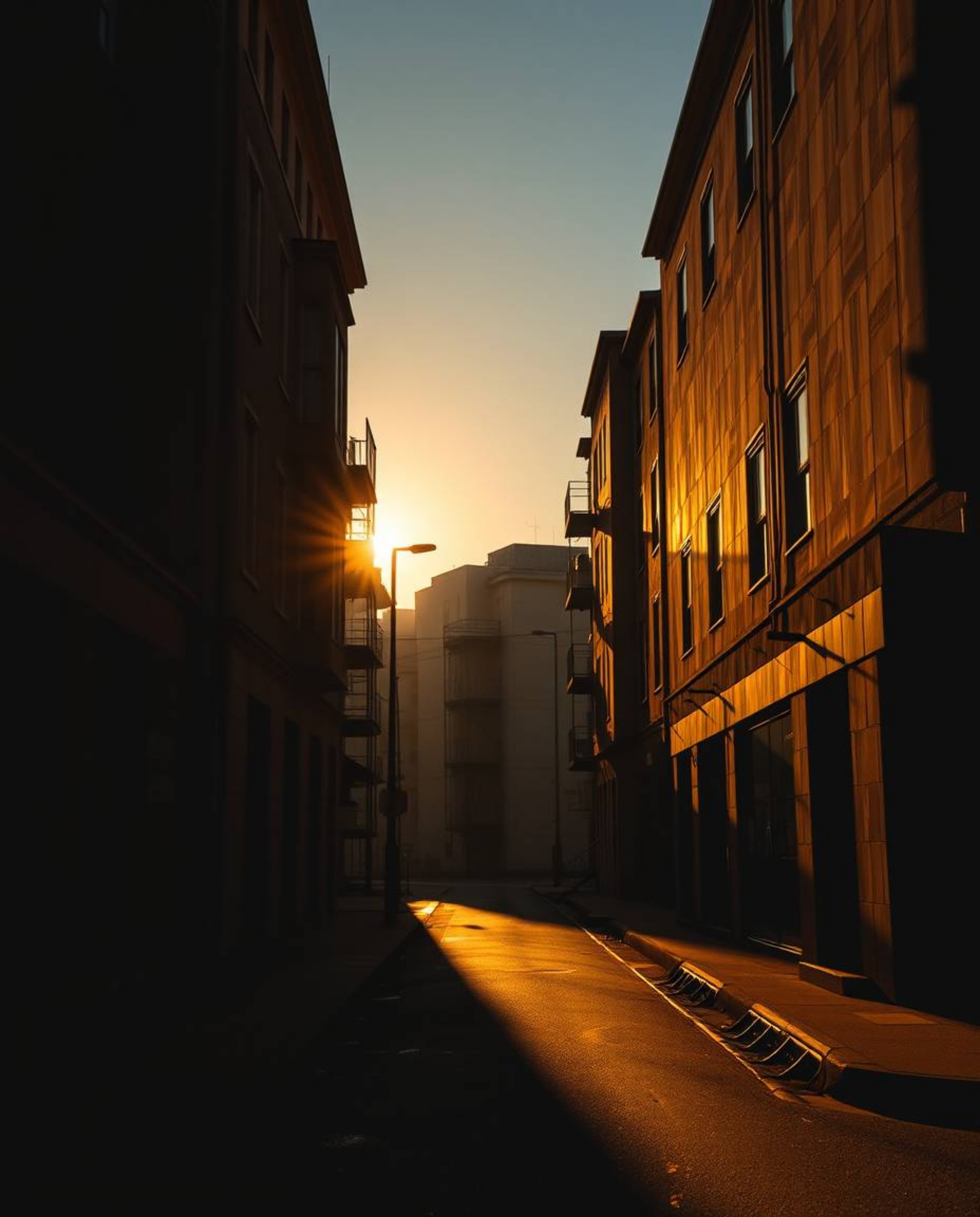 Experience a captivating surreal street scene bathed in golden hour light.  Witness the impossible as buildings fold and twis
