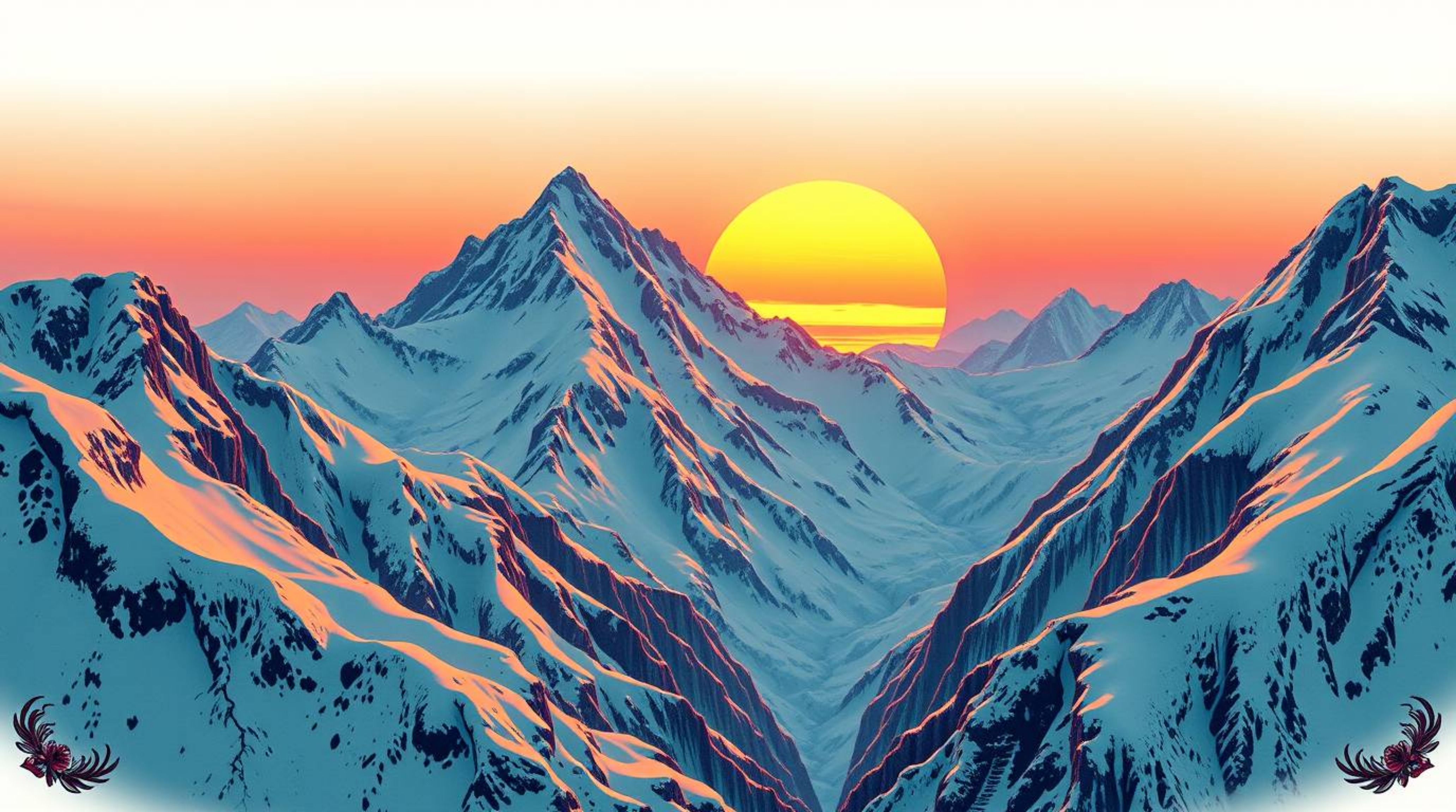 A stunning traditional tattoo art print showcases snow-capped mountains bathed in the warm glow of a pastel sunset.  The artw