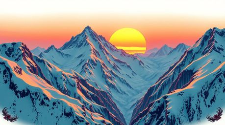 A stunning traditional tattoo art print showcases snow-capped mountains bathed in the warm glow of a pastel sunset.  The artw