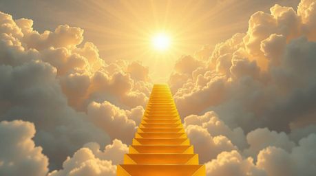 A breathtaking image depicts a golden staircase ascending through clouds towards a radiant heaven. Rendered in intricate orig