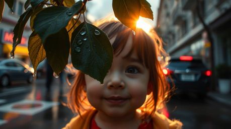 Capturing an adorable and cute moment in an urban setting, this candid street photograph focuses on the beauty of a sunset re