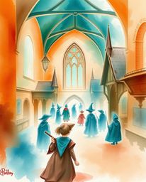 A delicate watercolor painting depicts a magical school brimming with young wizards. The warm terracotta tones beautifully co