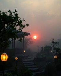 Immerse yourself in a serene Zen garden at sunset, captured in a dreamy, hazy atmosphere. This ethereal scene is illuminated 