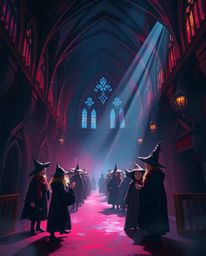 A sophisticated and elegant digital painting depicts a magical school brimming with young wizards. The artwork features rich