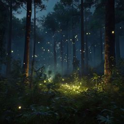 A captivating digital painting depicts a forest at the magical hour of dusk.  Glowing fireflies illuminate the scene, adding 
