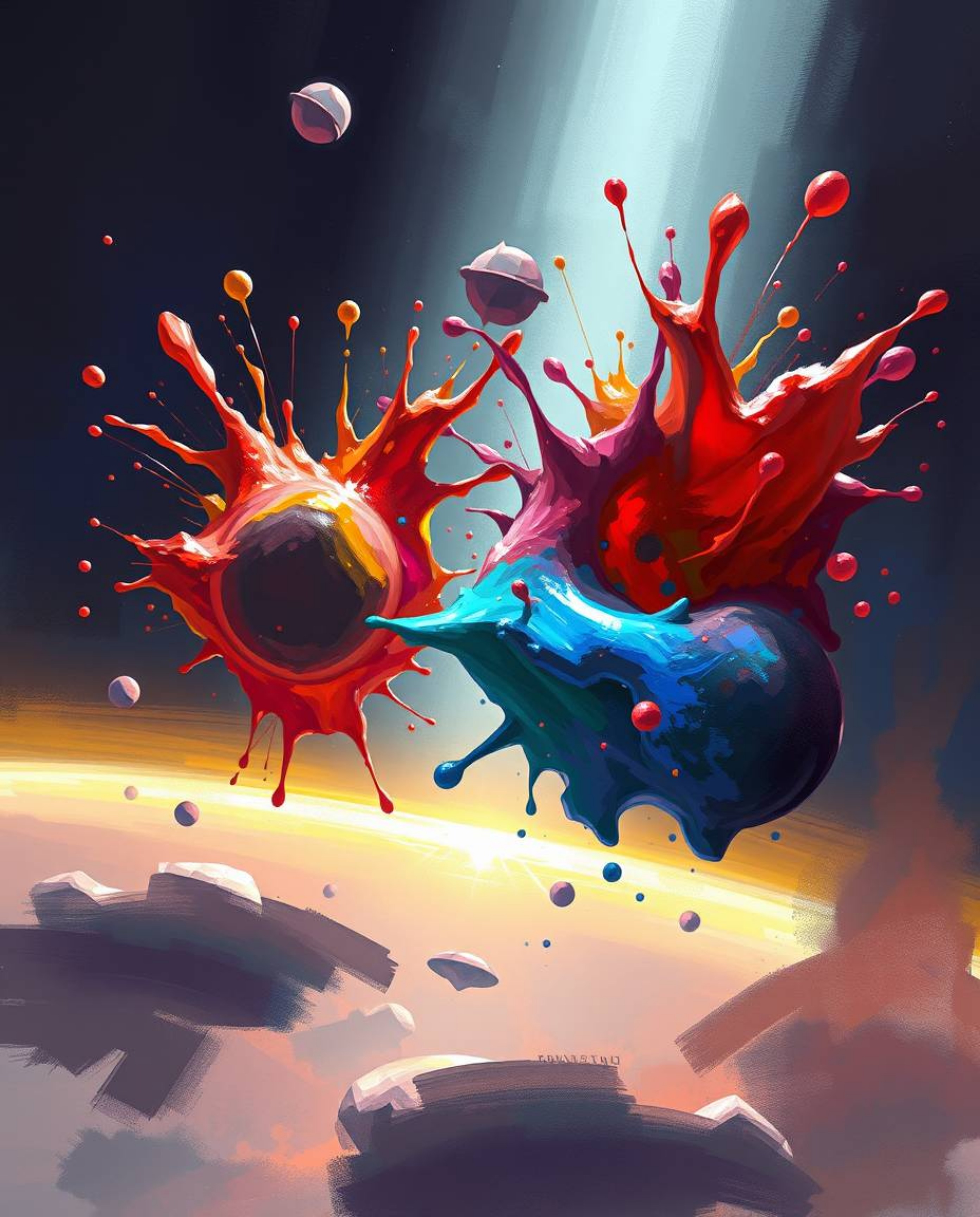 Dive into a mesmerizing world of abstract 3D art. This digital painting features vibrant, colorful splash shapes floating in 
