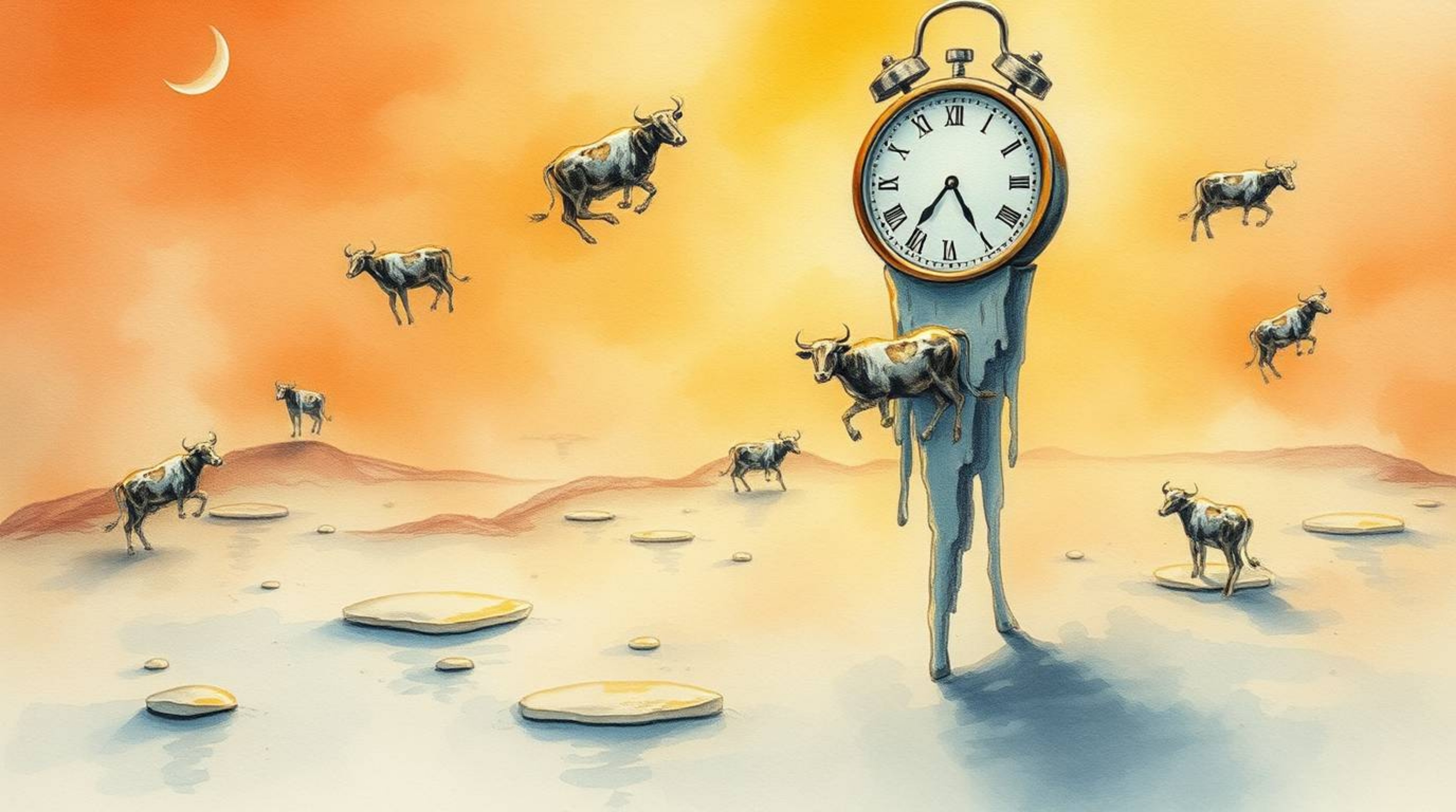 A captivating watercolor painting depicts a surreal dreamscape filled with melting clocks and floating cows, bathed in the wa