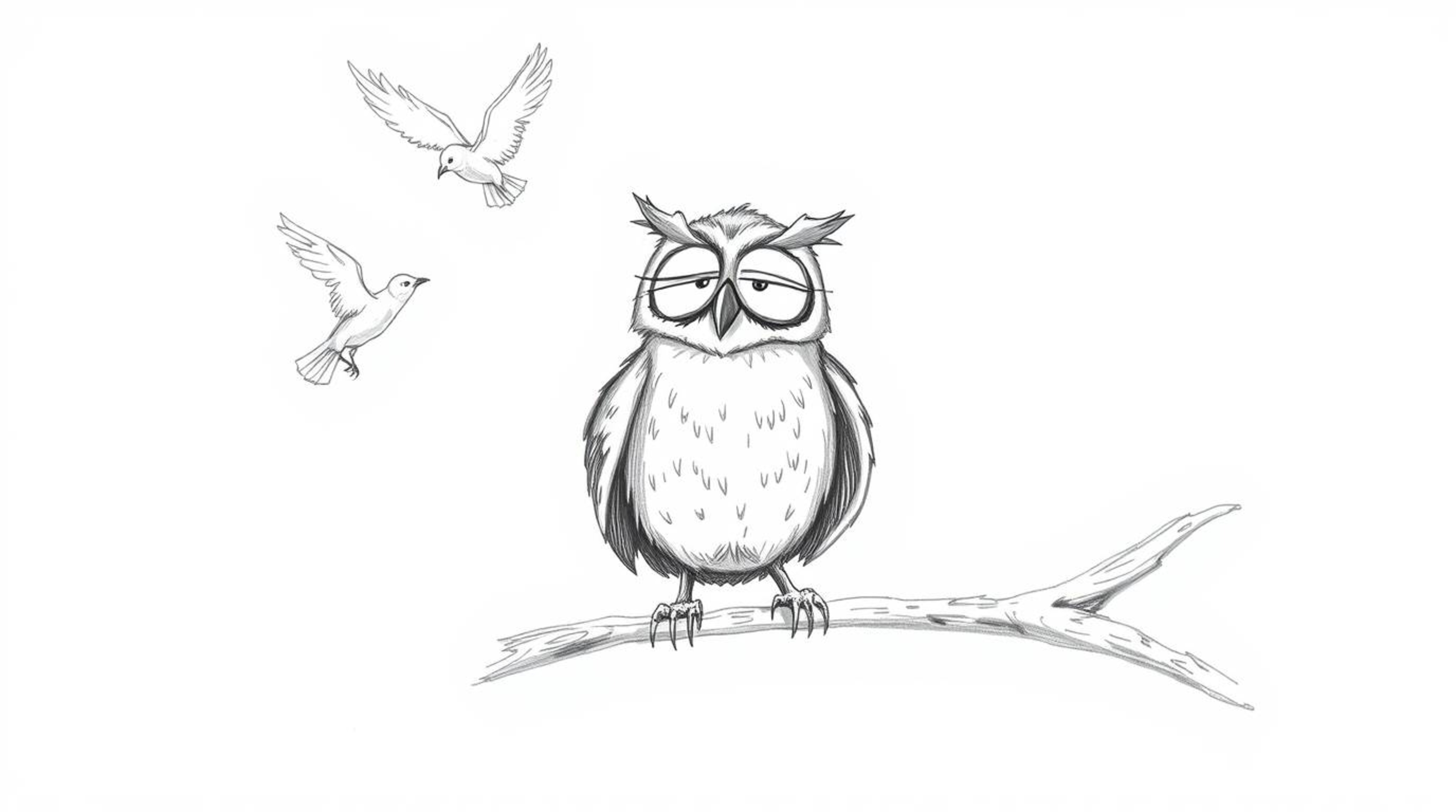 A captivating Pixar-inspired hand-drawn sketch depicts a blind owl with remarkably expressive features, guiding birds in the 